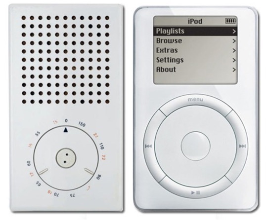 Braun T3 Pocket Radio 1958 next to Apple iPod 2001